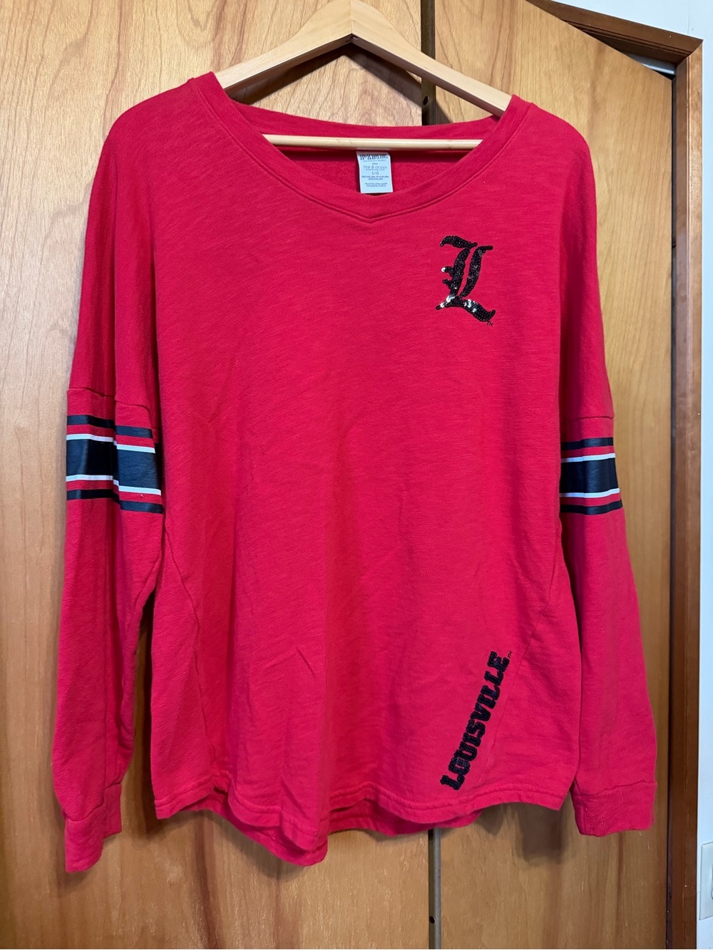 PINK Victoria's Secret Girls' Red Long-Sleeve Tee with Stripe Sleeves